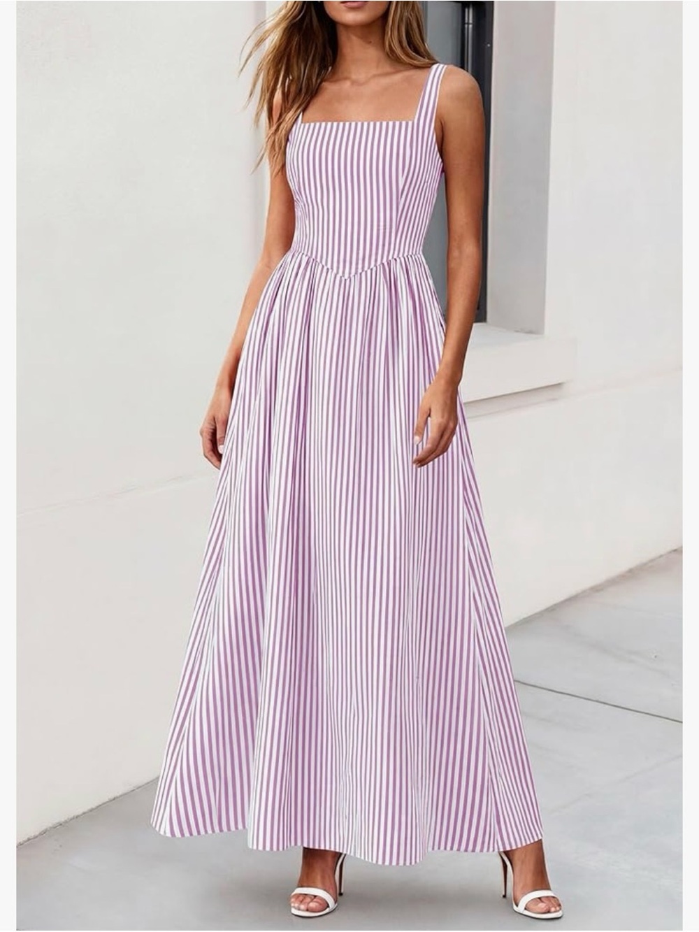 Striped Lilac Square-Neck Midi Dress - Picture 3 of 6